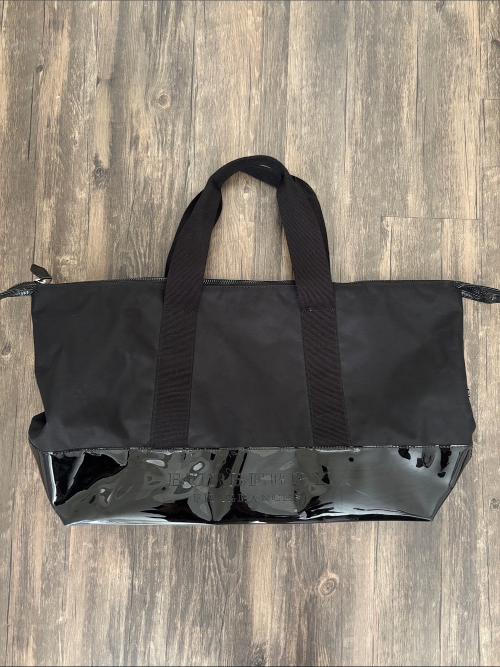 Burberry Fragrances Utility Tote Bag Black Patent Bottom Embossed Logo
